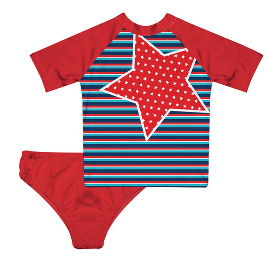 Stars Red Blue Navy Stripes 2pc Short Sleeve Rash Guard - Wimziy&Co.