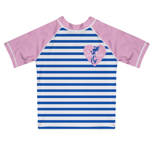 Stripes Mermaid Name Pink and Blue Short Sleeve Rash Guard