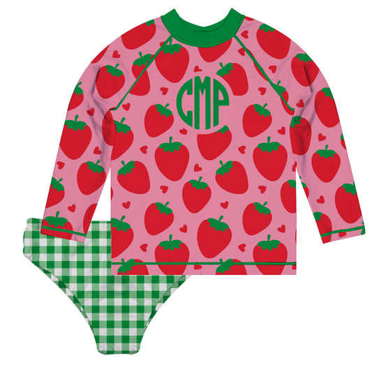 Strawberries Print Personalized Monogram Pink and Green Check 2pc Long Sleeve Rash Guard