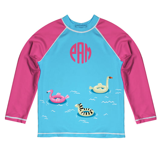 Summer Personalized Monogram Turquoise and Pink Long Sleeve Rash Guard