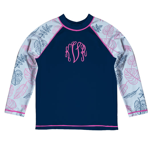 Tropical Personalized Monogram Navy and White Long Sleeve Rash Guard