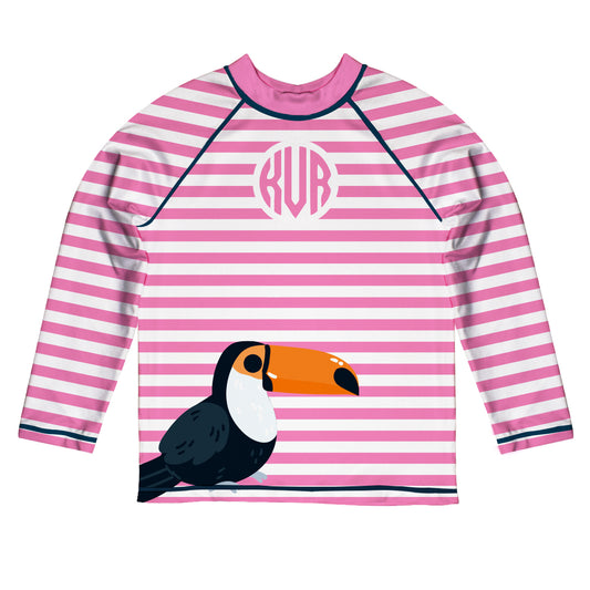 Toucan Personalized Monogram White and Pink Stripes Long Sleeve Rash Guard