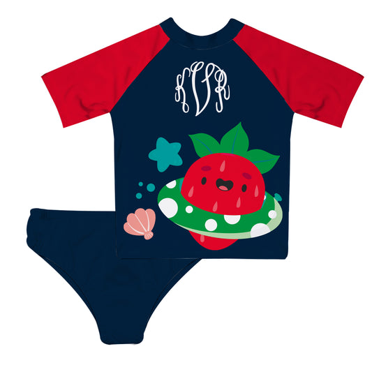 Strawberry Personalized Monogram Red and Navy 2pc Short Sleeve Rash Guard