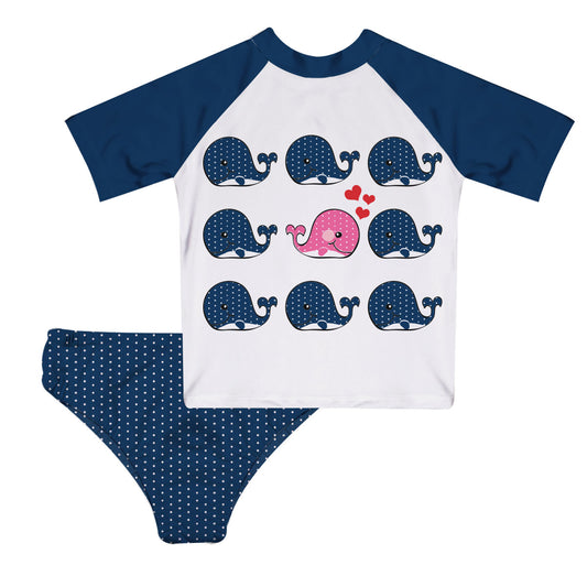 Whales White and Navy 2pc Short Sleeve Rash Guard