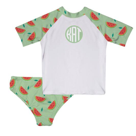 Watermelon Print Personalized Monogram Green and White 2pc Short Sleeve Rash Guard