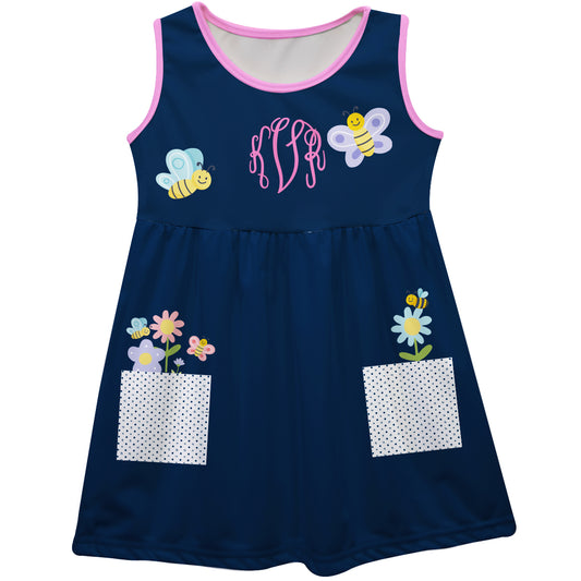 Bees Flowers Personalized Monogram Navy and Pink Tank Dress