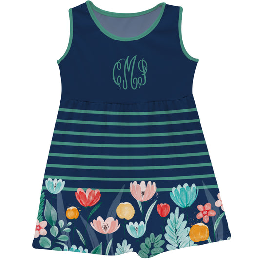 Flowers Personalized Monogram Navy and Mint Stripes Tank Dress