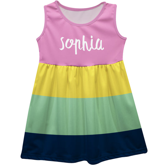 Personalized Name Pink Yellow and Navy Stripes Tank Dress