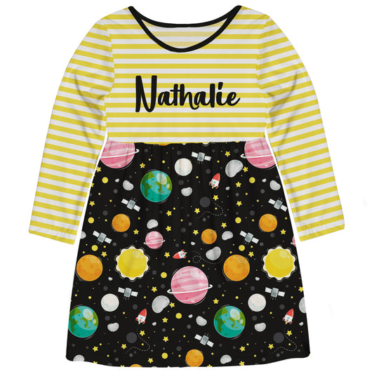 Space Print Personalized Name Black Yellow and White Stripes Long Sleeve Tank Dress