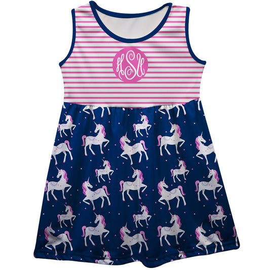 Unicorn Print Monogram Navy And Pink Stripes Tank Dress