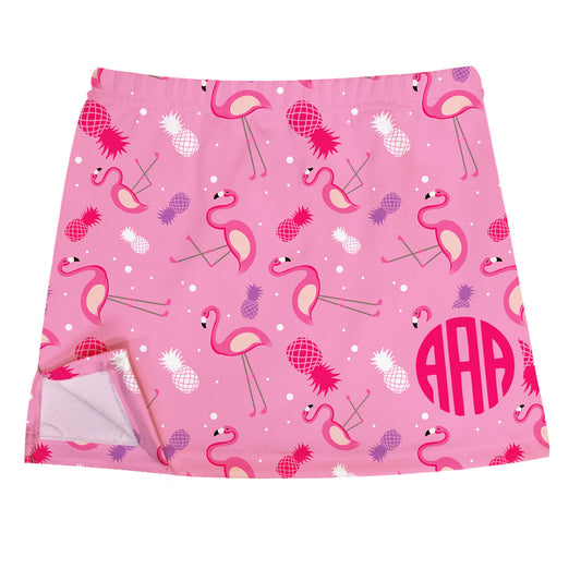 Flamingos and Pineapples Print Monogram Pink Skirt With Side Vents