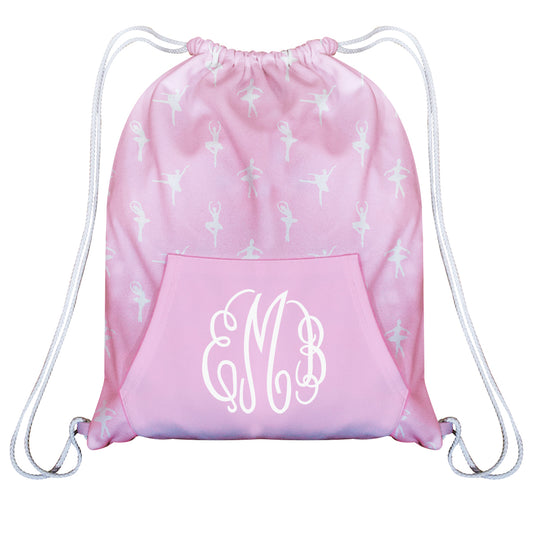 Ballerina Print Monogram Light Pink Fleece Gym Bag With Kangaroo Pocket 14x 19""