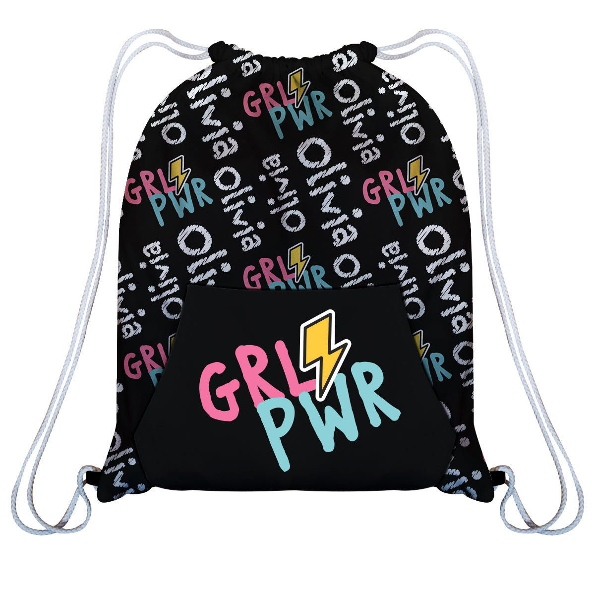 Girl Power and Name Print Black Fleece Gym Bag with Kangaroo Pocket 14 X 19""
