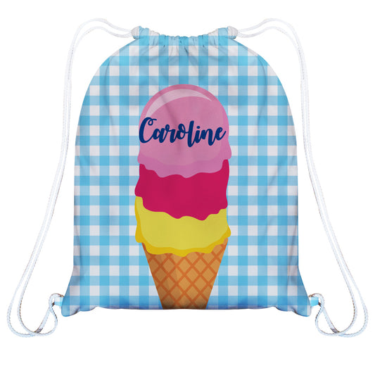 Ice Cream Personalized Name Light Blue and White Check Gym Bag 14 x 19""