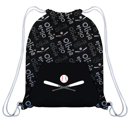 Baseball Personalized Name Print Black Fleece Gym Bag With Kangaroo Pocket 14 X 19""