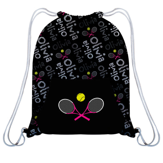 Tennis Print Name Black Fleece Gym Bag With Kangaroo Pocket 14 x 19""
