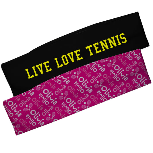 Live Love Tennis Black and Name Print Pink Headband Set
