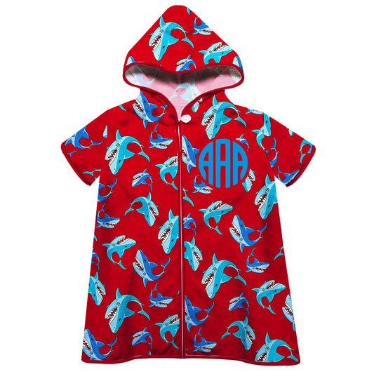 Shark Print Personalized Monogram Red Short Sleeve Cover Up