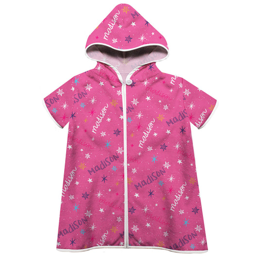 Stars Name Print Pink Short Sleeve Cover Up