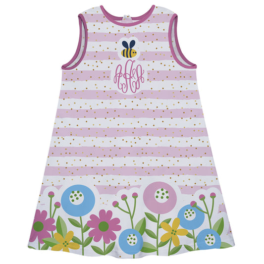 Bee Flowers Print Personalized Monogram White and Pink Stripes A Line Dress
