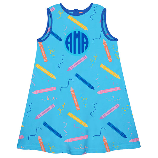 Crayons Print Personalized Monogram Turquoise A Line Dress