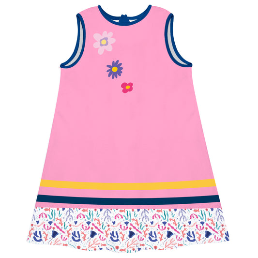 Flowers Pink Yellow and Navy A Line Dress
