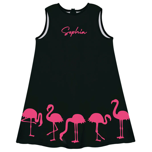Flamingos Personalized Name Black A Line Dress