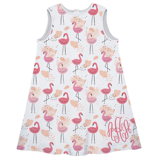 Flamingo Print Personalized Monogram White A Line Dress