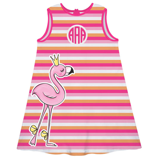 Flamingo Monogram White Yellow And Pink Stripes A Line Dress