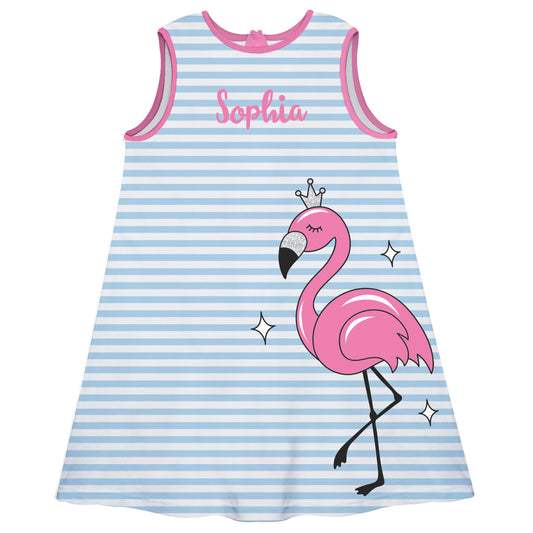 Flamingo Personalized Name Light Blue and White Stripes A Line Dress