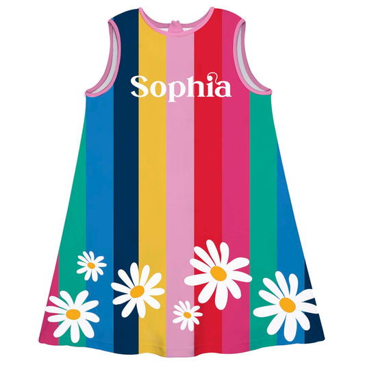 Flowers Personalized Name Red Pink and Navy Stripes A Line Dress
