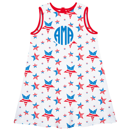 Americana Stars Print Personalized Monogram White and Red A Line Dress - Wimziy&Co.