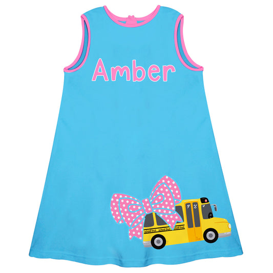 School Bus Personalized Name Turquoise A Line Dress