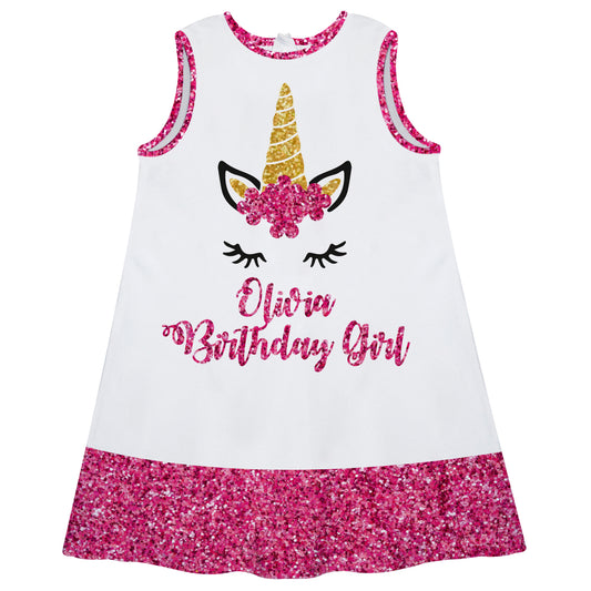 Unicorn Birthday Girl Personalized Name White and Pink Glitter A Line Dress