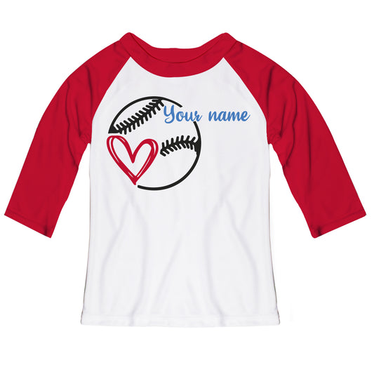 Baseball Your Name White and Red Raglan Tee Shirt 3/4 Sleeve
