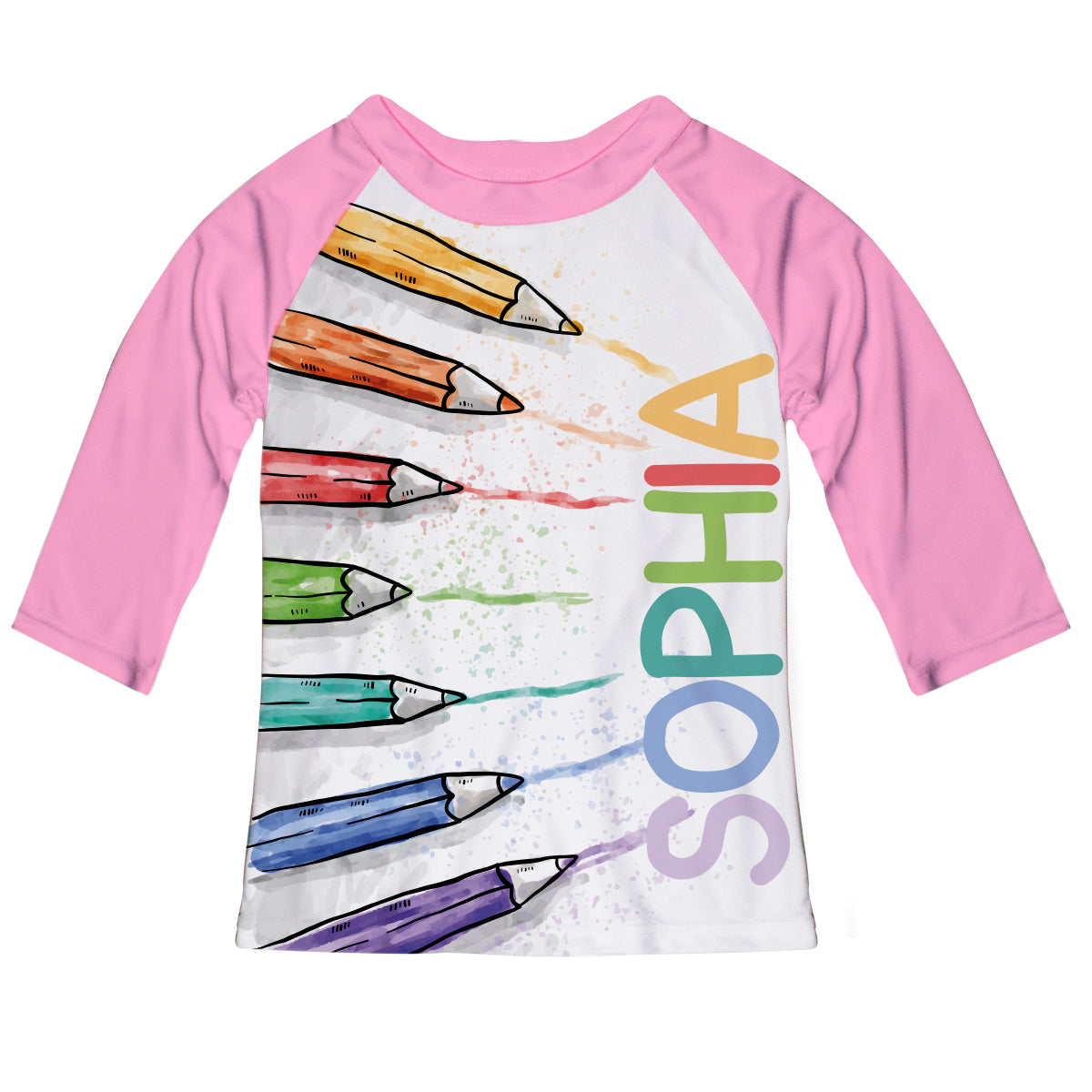 Colored Pencils Name White and Pink Raglan Tee Shirt 3/4 Sleeve