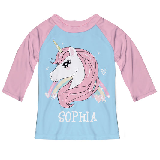 Cute Unicorn Personalized Name Light Blue and Pink Raglan Tee Shirt 3/4 Sleeve