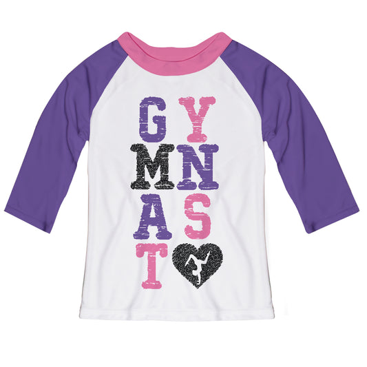 Gymnast White Pink and Purple Raglan Tee Shirt 3/4 Sleeve