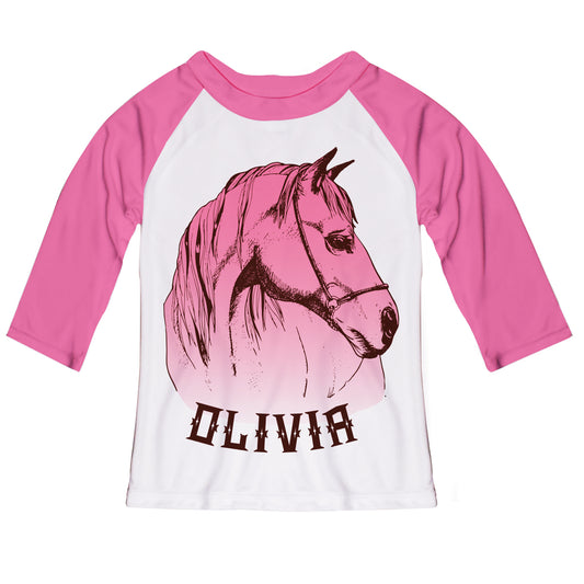 Horse and Name White and Pink Tee Shirt 3/4 Sleeve