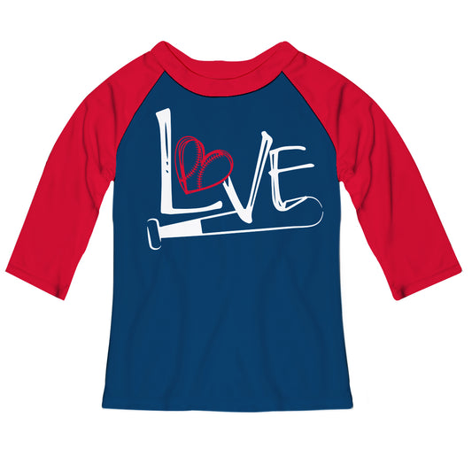 Love Baseball Navy and Red Raglan Tee Shirt 3/4 Sleeve
