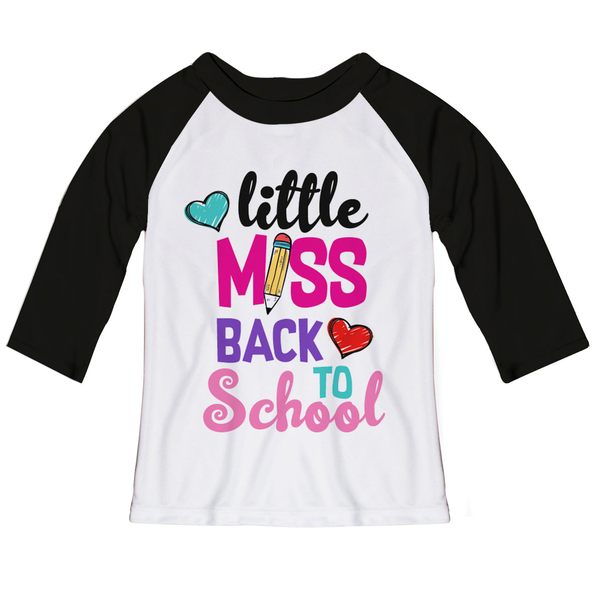 Little Miss Back To School White And Black Raglan Tee Shirt 3/4 Sleeve