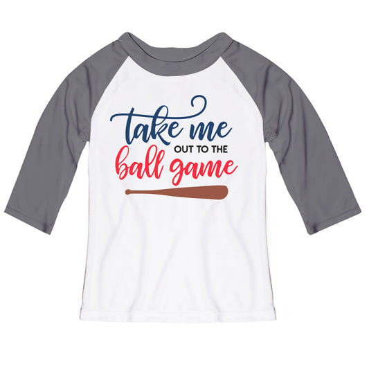 Take Me Out To The Ball Game White and Gray Raglan Tee Shirt 3/4 Sleeve