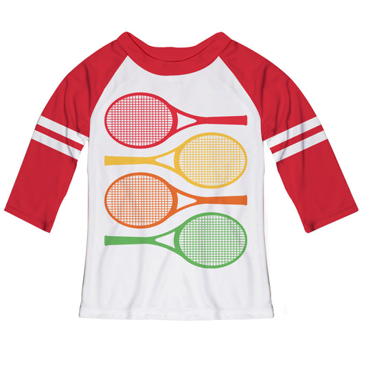 Tennis Rackets White and Red Raglan Tee Shirt 3/4 Sleeve