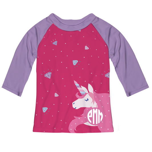 Unicorn Monogram Hot Pink and Purple Raglan Tee Shirt 3/4 Sleeve