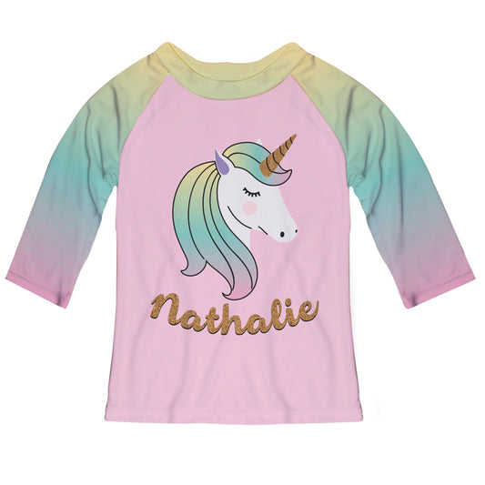 Unicorn Personalized Name Pink Raglan Tee Shirt 3/4 Sleeve