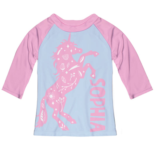 Unicorn Personalized Name Ligth Blue and Pink Raglan Tee Shirt 3/4 Sleeve