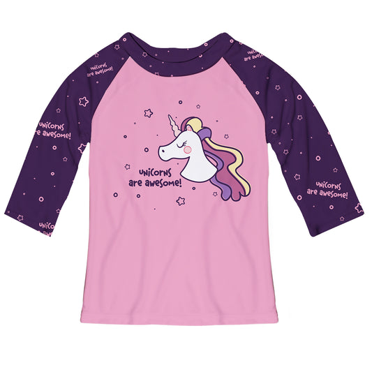 Unicorns Are Awesome Pink and Purple Raglan Girls Tee Shirt