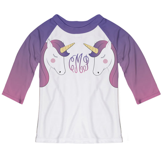 Unicorn Personalized Monogram White and Purple Raglan Tee Shirt