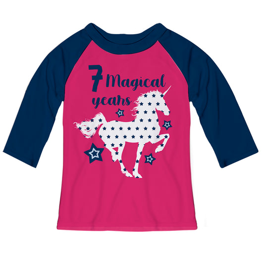 Unicorn Your Age Magical Years Hot Pink And Navy Raglan Tee Shirt 3/4 Sleeve