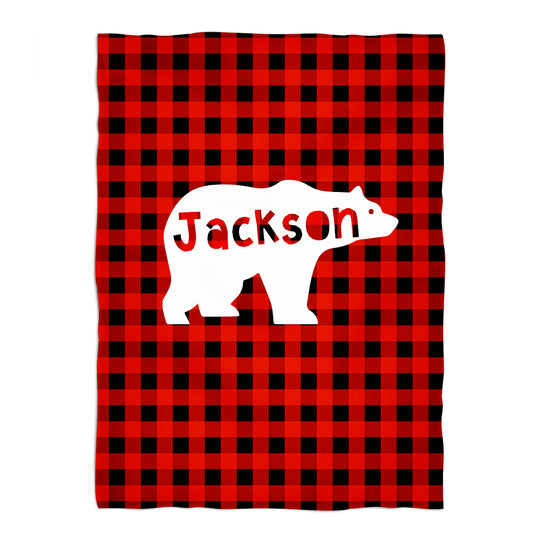 Bear Personalized Name Red Check Plusk Minky Throw